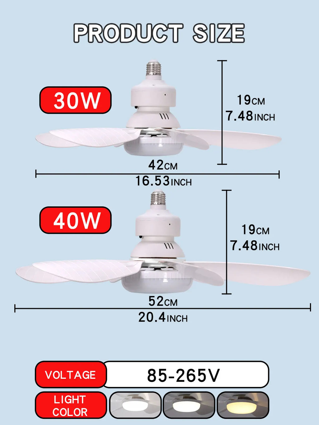 E27 with Remote LED 30W 40W Ceiling Fan Light Dimming Function Suitable for Living Room Study and Home Use 85-265V