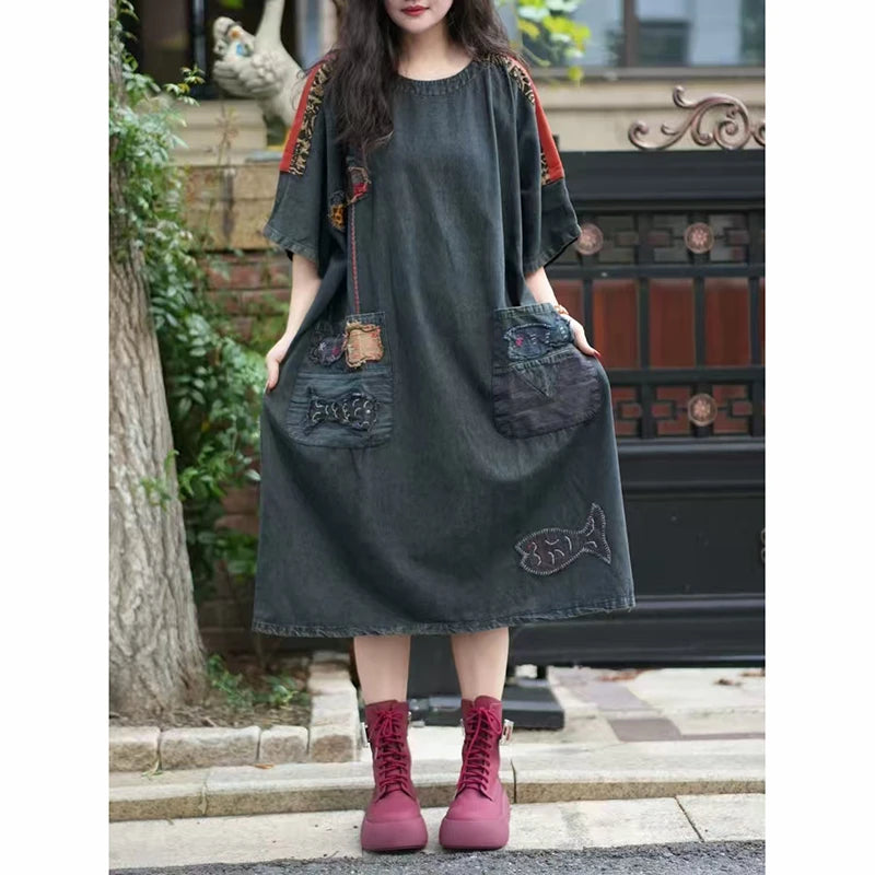 New Arrival Summer Arts Style Women O-neck Loose Long Dress Vintage Embroidery Double Pockets Cotton Denim A-line Dresses XT115