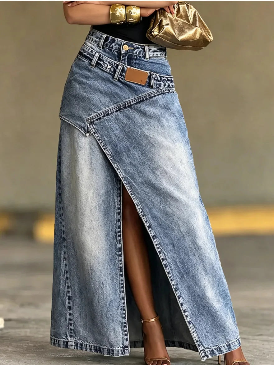 Washed Denim Maxi Skirt High Waist Asymmetric Front Slit Long Jean Skirt Irregular Patch Women Casual Split Denim Long Skirt