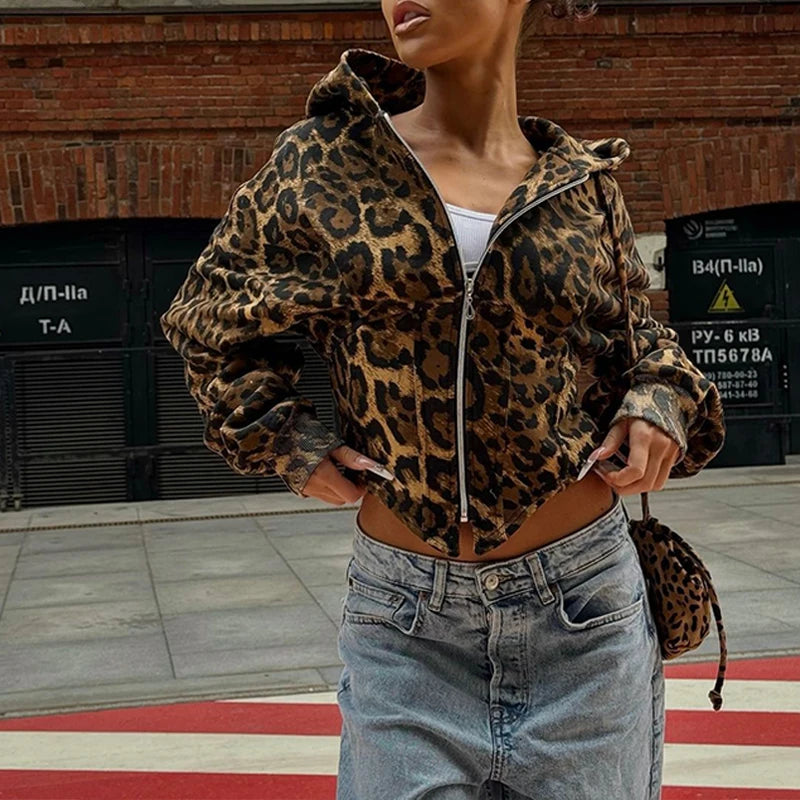 BKLD Women's Classic Hooded Long Sleeved Patchwork Irregular Sexy Zip Up Corset Short Jacket Street Style Leopard Coat Outerwear