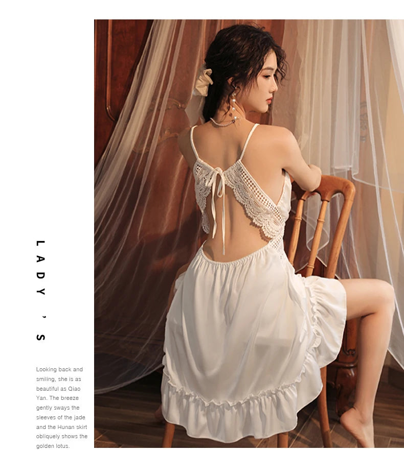 Women Satin Sleepwear Deep V Neck Lace Trim Ruffle Hem Chemise Nightgown