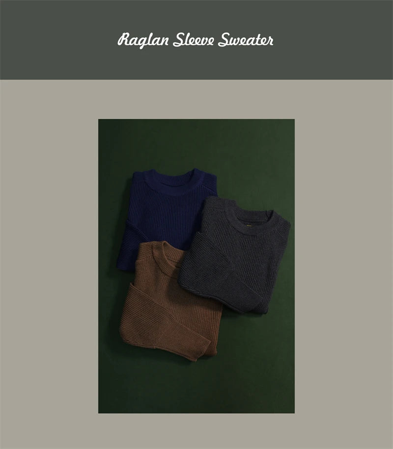 Classic Raglan Sleeve Crewneck Sweater Vintage Style Men's Wool Blend Knitted Pullover Jumper Thick