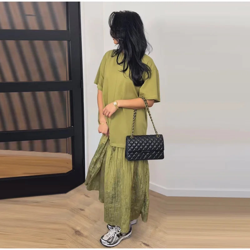 Solid Color Loose Fit Flare Sleeve Tiered Dress Crew Neck Ruffle Hem Pleated Long Maxi Dresses 2026 Spring Chic Casual Outwear