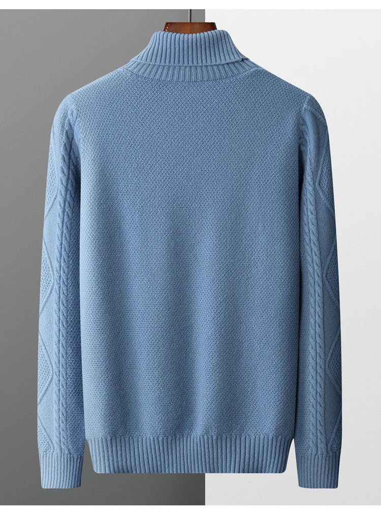 2025 Winter Turtleneck 100% Merino Wool Knitted Sweater Men's Lapel Jacquard Thicken Pullovers Fashion Loose High-End Base Shirt