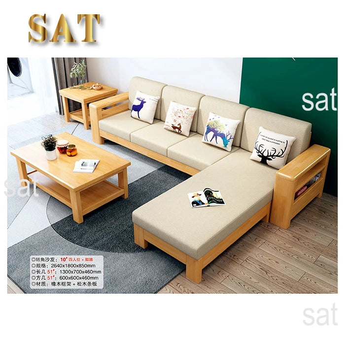For Living Room Full Solid Wood Sofa Combination of Modern Chinese Small Apartment Three Solid Wood Fabric Sofa Bed