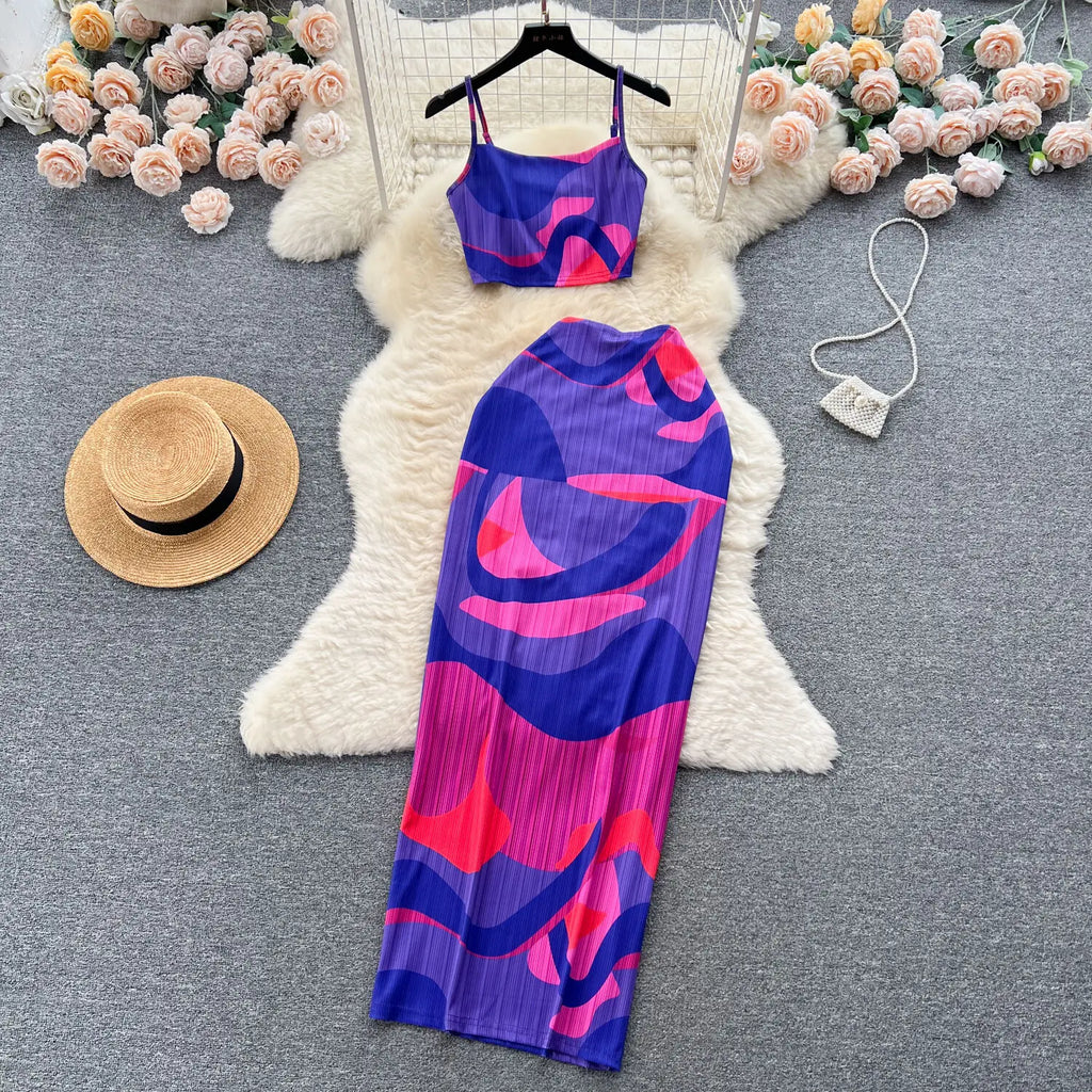 Retro Style Printed 2 Pieces Set for Women Fashion Summer Sleeveless Cropped Camis Top + Elastic Waist Bodycon Long Skirt Suits