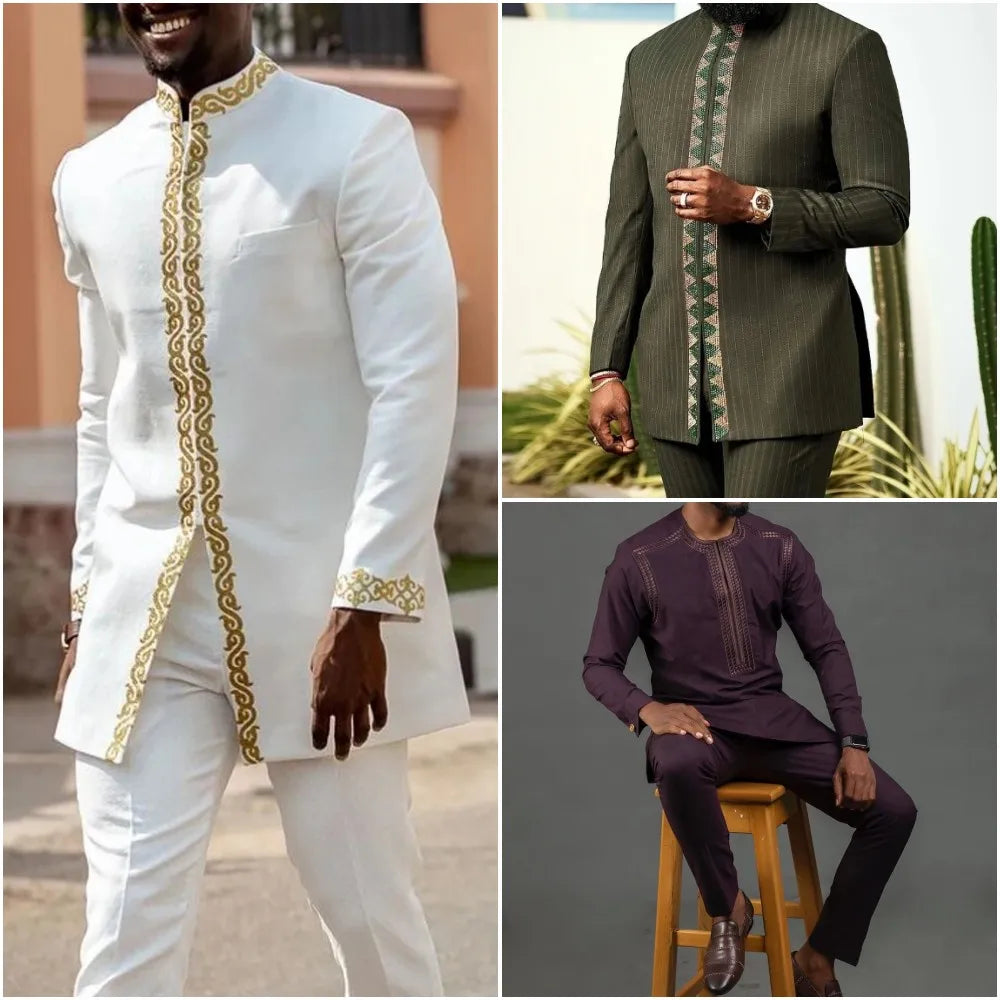 White Kaftan Men's Suit Embroidery Floral Top Pants Kaunda Suit African Casual Outfits Wear Traditional 2PCS Set Wedding Tuxedo