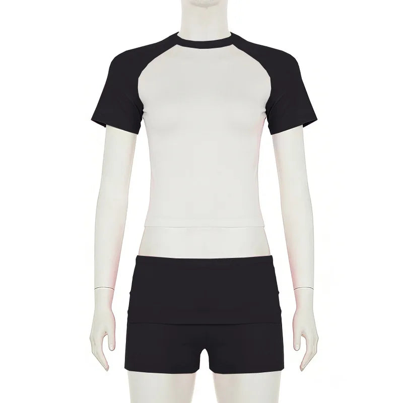 Women's Colorblock 2 Piece Outfit Set Raglan Sleeve Crop Top High Waist Foldover Waistband Biker Shorts Casual Sporty Loungewear