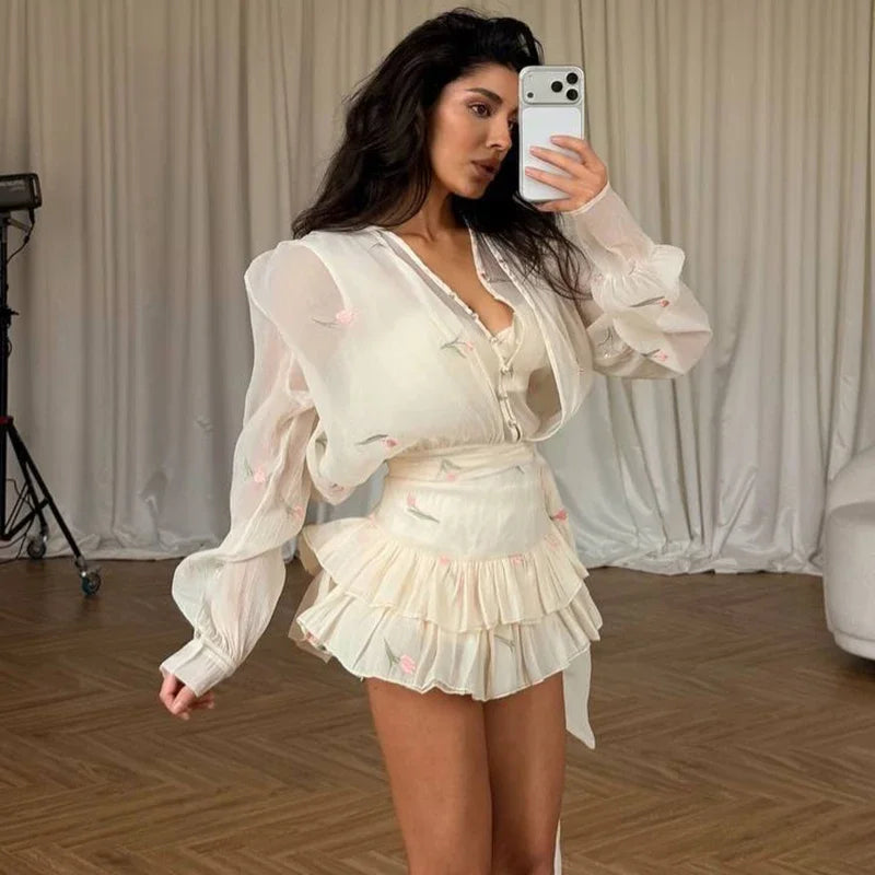 Elegant Printed Women's Dress Long Sleeve V-Neck Ruffle Waist-Closed Lady Mini Dresses 2026 Summer Female Vacation Robe New