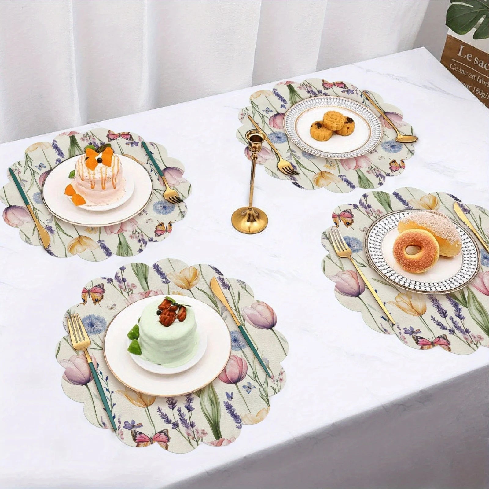 VIKAMA 4pcs Spring Floral Round Placemats Tulip And Lavender Print Placemats Home Dining Table Decor Coffee Coasters