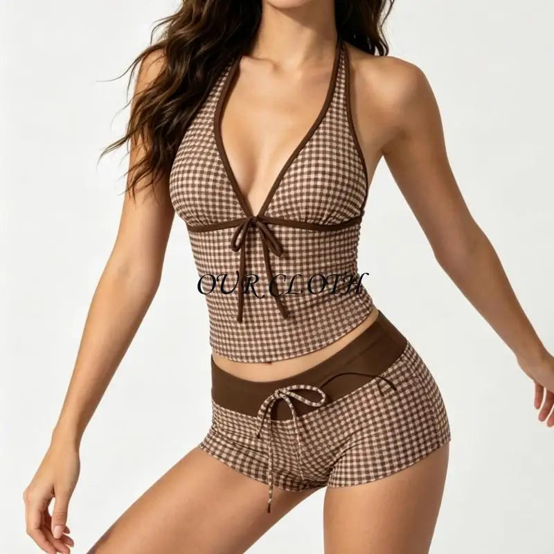 Womens 2 Pieces Set Tankini Swimsuits with Shorts Vintage Beach Swimsuit Swimwear Vacation Outfit Y1AC