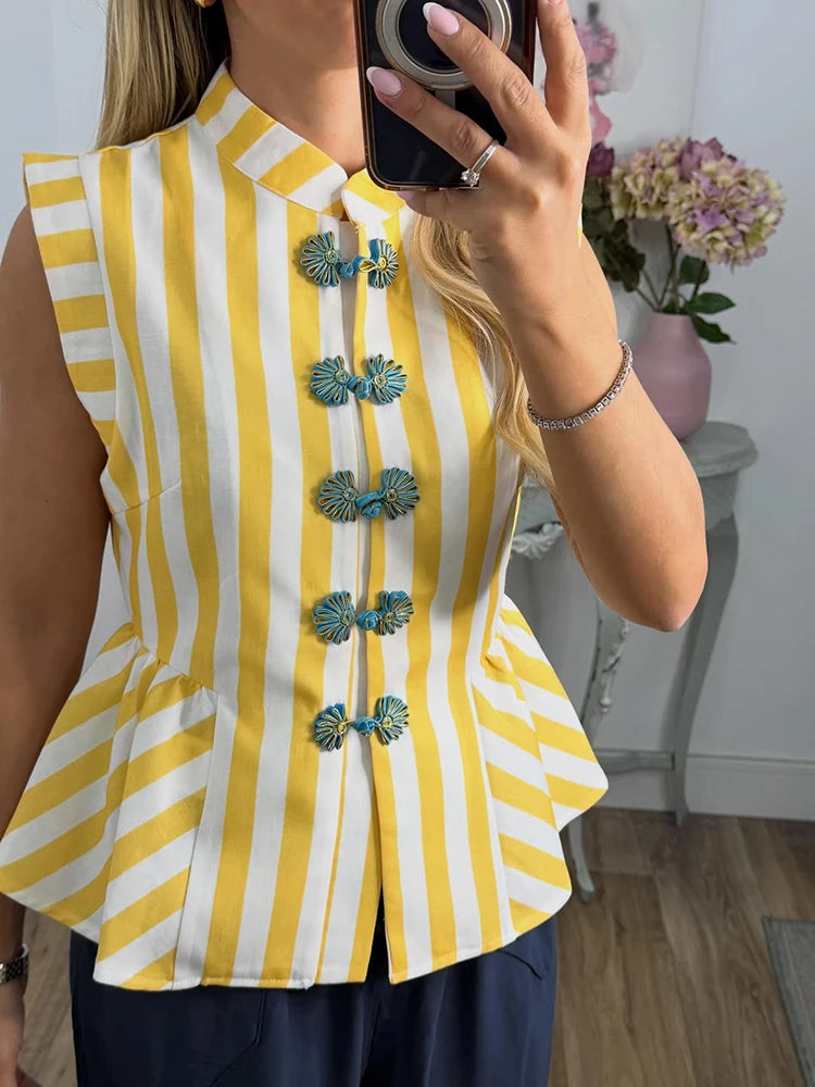 Striped Mandarin Collar Frog Button Ruffle Trim Top Striped Single‑breasted 2026 Summer Women Blouse Versatile Casual Lady Top