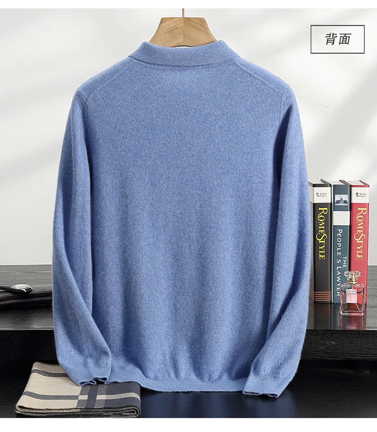 Autumn/Winter Men's 100% Cashmere Pullover Business Casual Solid Knitted Sweater Loose POLO Collar Tops Basic Thick Warm Jumper