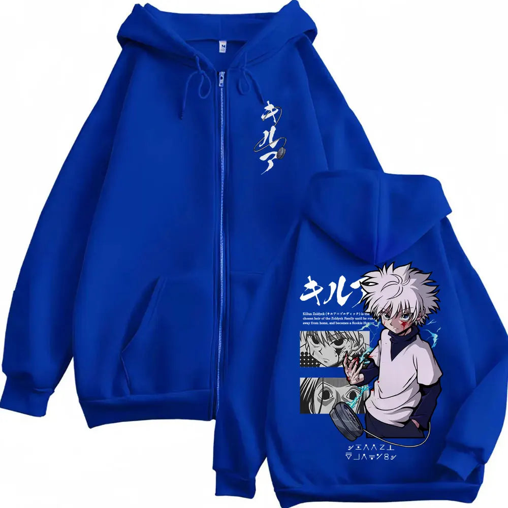 Anime Hunter X Hunter Zipper Hoodie Killua Zoldyck Graphic Hoodies Men Women Vintage Oversized Fleece Cotton Zip Up Jacket Coat