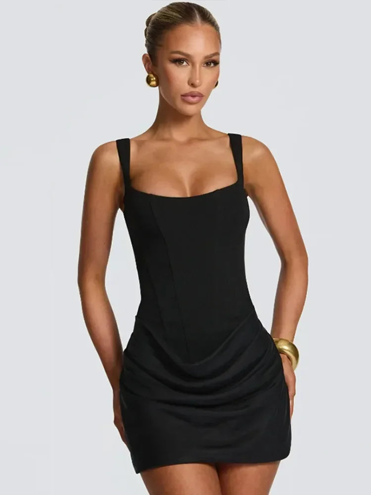Women Sexy Square-neck Halter Mini Dress 2025 Pleated Sleeveless Backless High Waist Bodycon Dresses New Summer Lady Party Gowns