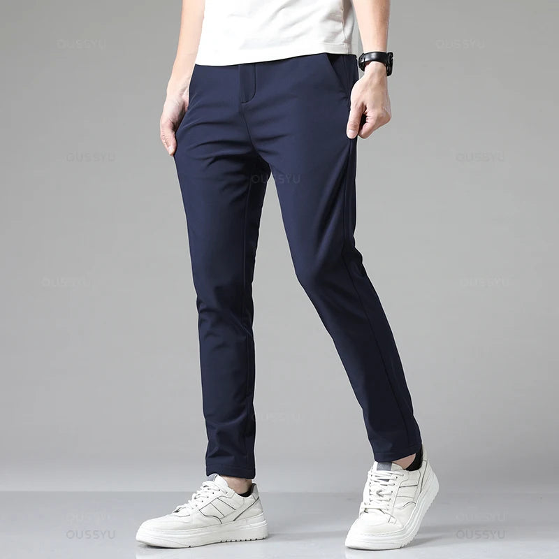 Autumn Winter Casual Pants Men Thick Business Stretch Slim Elastic Waist Jogger Korean Classic Black Gray Blue Trouser Male