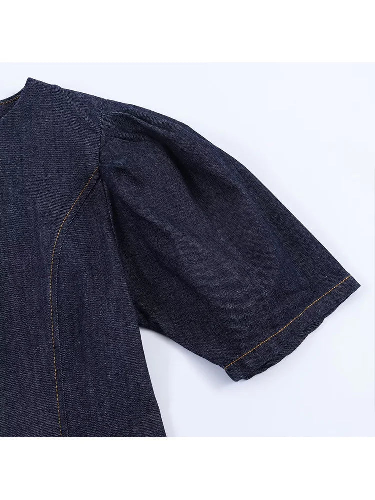 HH Summer Women Fashion O-Neck Bubble Sleeve Denim Dress Back Zipper Sexy Solid Dress Woman Holiday Party Mini 2026 Dress