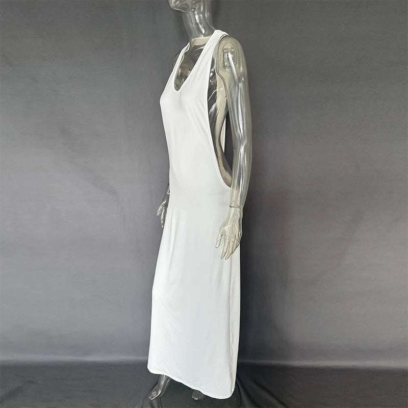 Backless Women Dress Satin Spaghetti Strap Maxi Dresses Back Tail Cowl Drape Front Neck Side Split Hem Elegant Evening Bodycon