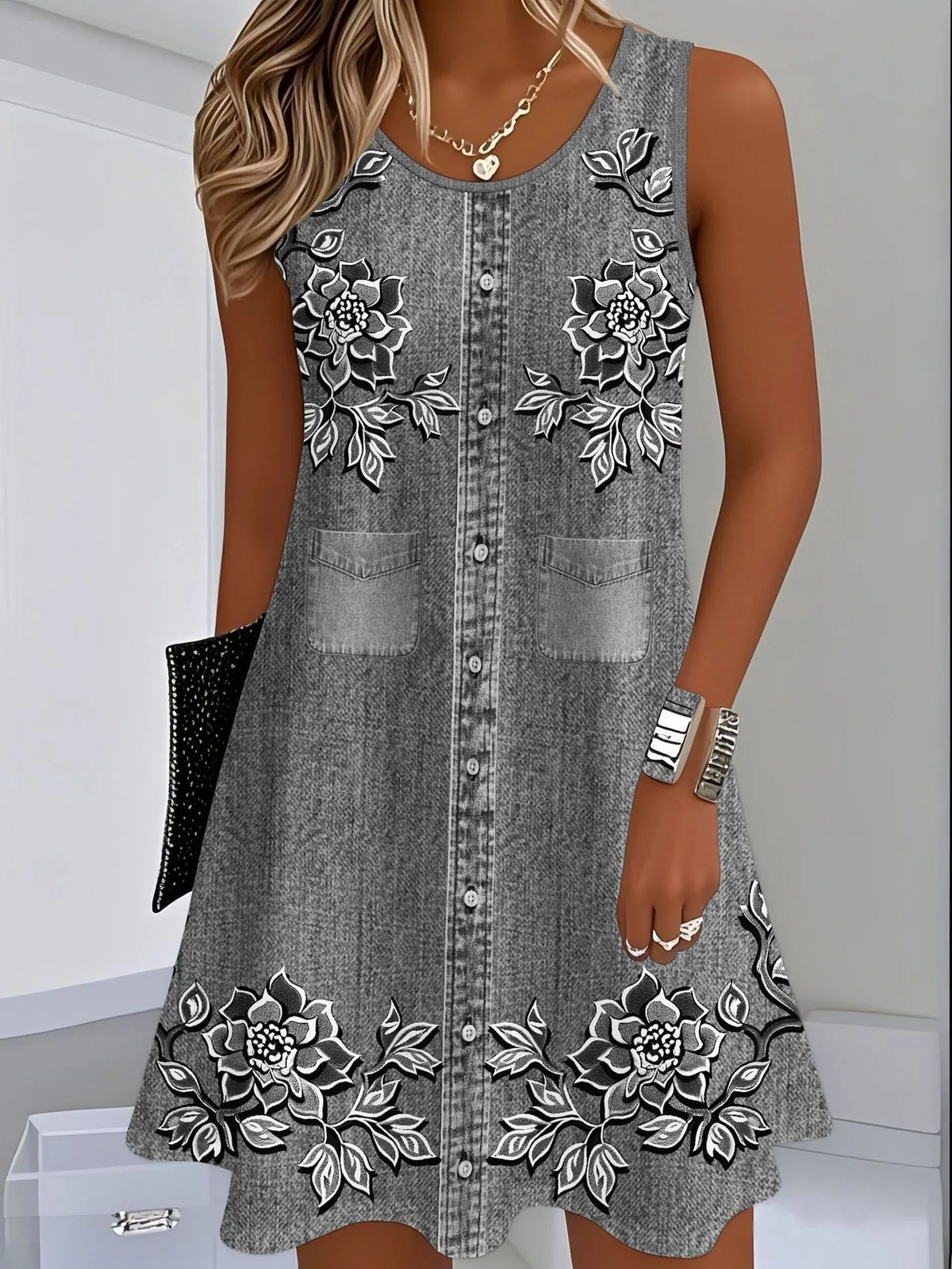 Women's Casual Summer Sleeveless Loose Fit Round Neck Pull On 3D Print Mid Length Dress for Women Beach Hiking Camping Outfits