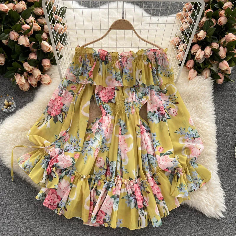 2025 New Retro Summer Beach Vacation Dress Women Sexy Strapless Lantern Sleeve Sweet Floral Jumpsuit Short Chiffon Print Dresses
