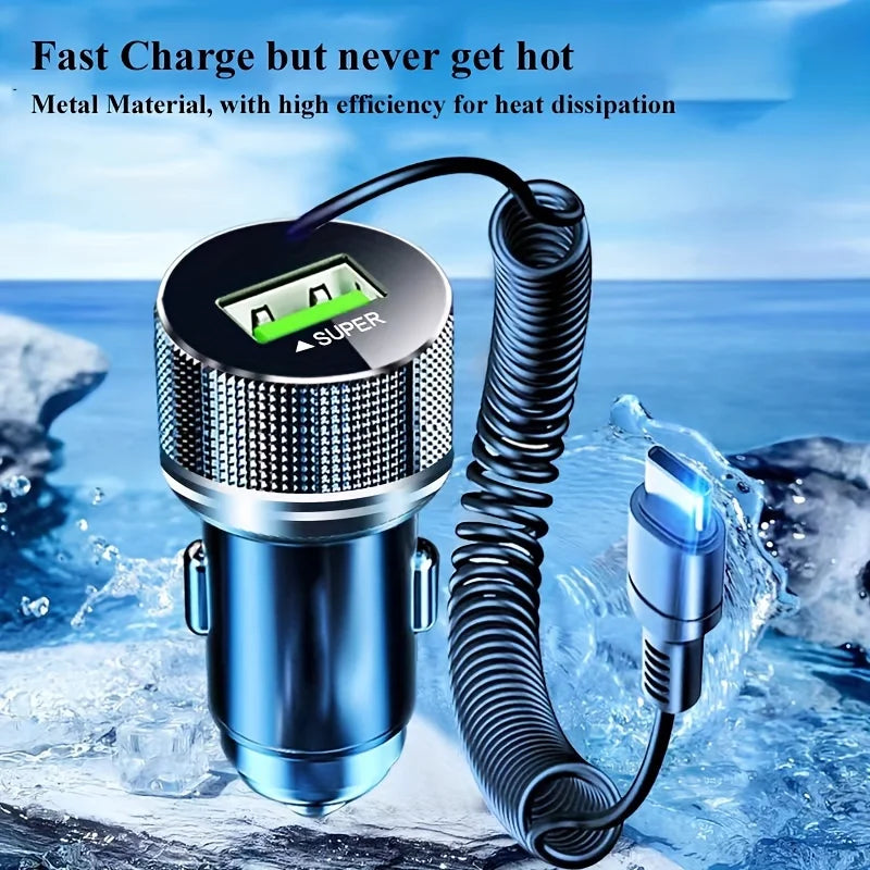 Metal USB C Car Charger with Spring Cable Super Fast Charging Adapter 12V for iPhone 15 14 13 Samsung OPPO VIVO Huawei Oneplus