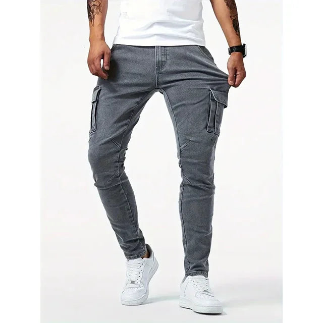 Street Elastic Jeans Men Denim Cargo Pants Wash Solid Color Multi Pockets Casual Mid Waist Trousers Slim Fit Daily Wear Joggers