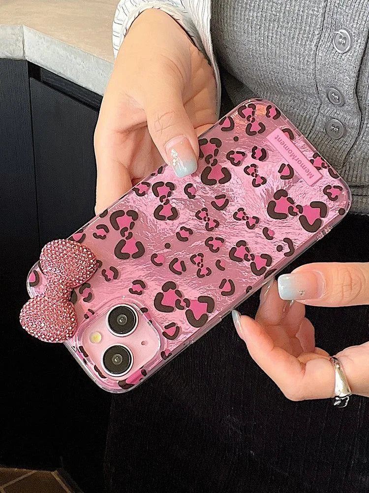 Colorful Leopard Blink Diamond Bowknot Lustre Lining Phone Case for iPhone 16 15 14 Plus 13 Mini 12 Pro Max 11 7 8 SE X XS XR