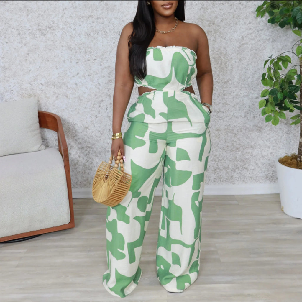 2025 Elegant Sleeveless Hollow Out Casual Style Women Tube Top with Wide-leg Jumpsuit Long Pants