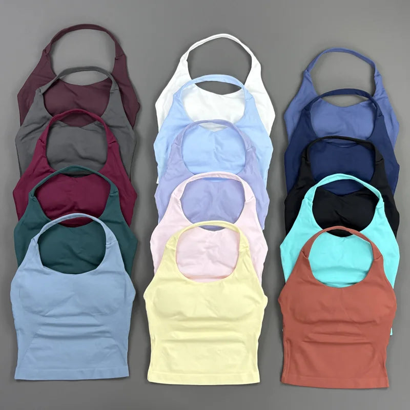 HISTELLO Impact Halter Top Women Gym Clothing Backless Seamless Sports Yoga Vest Running Fitness Workout Sleeveless Tank Top