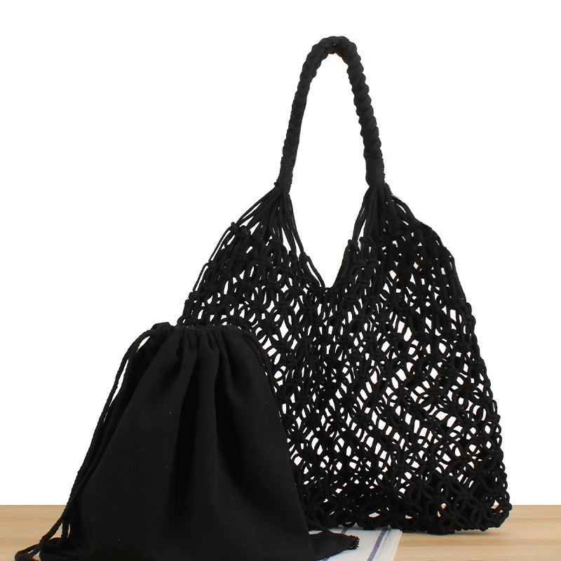 Hollow Crochet Mesh Woven Shoulder Bag With Inner Pocket,Women Solid Color Handbag,Summer Work Beach Vacation Commuting Tote Bag