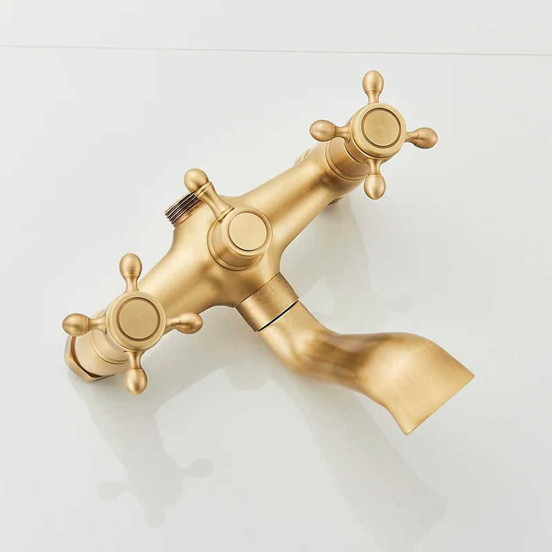 Antique Brass Shower Faucet Set Rainfall Head Shower with Handshower Wall Mount Dual Handle Mixer Bathroom Shower System