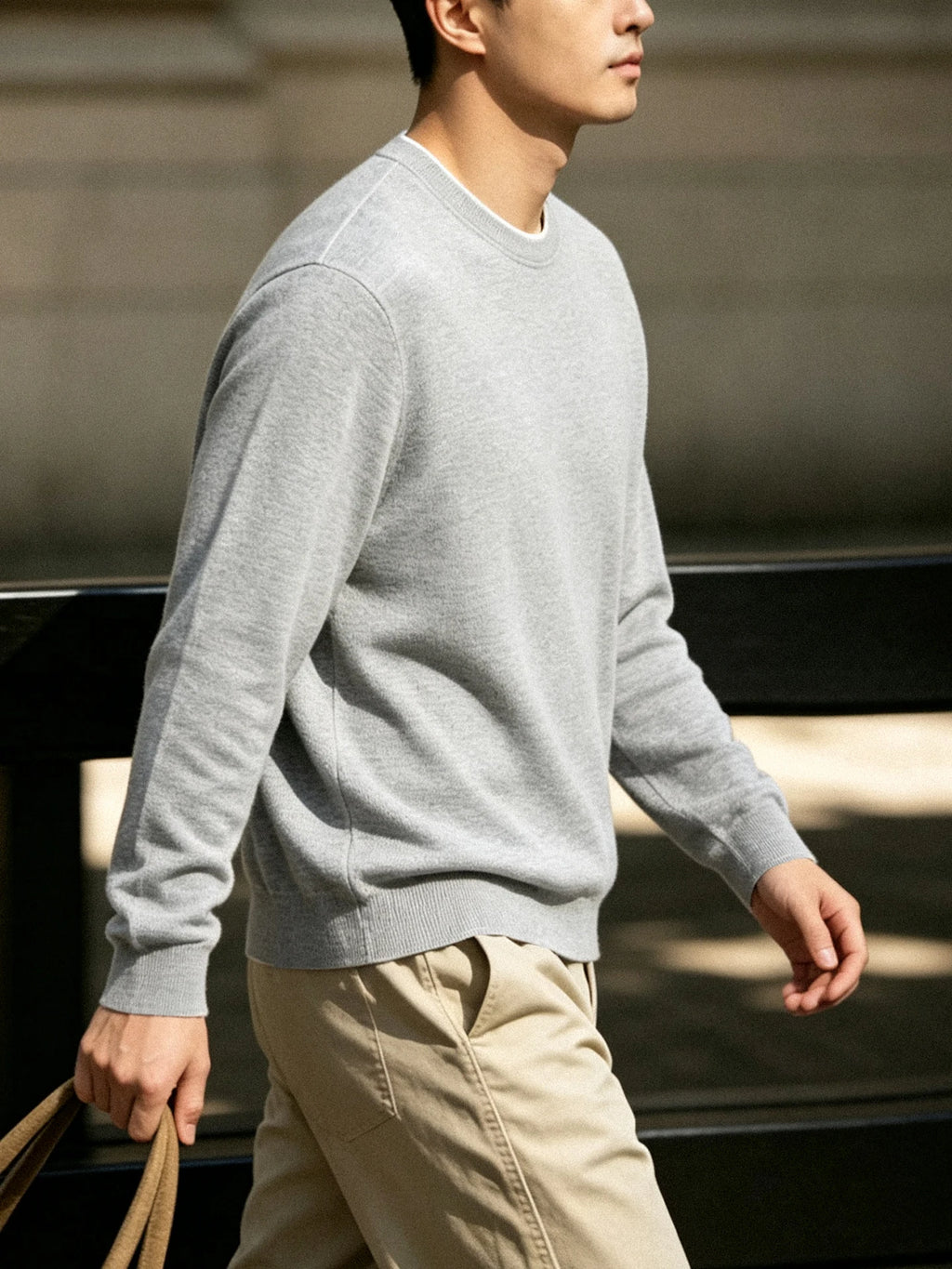 Men's Light Grey round Neck Knitted Sweater Long Sleeve Basic Style Commute Knitted Base Shirt Casual Comfortable Lenzing Fabric