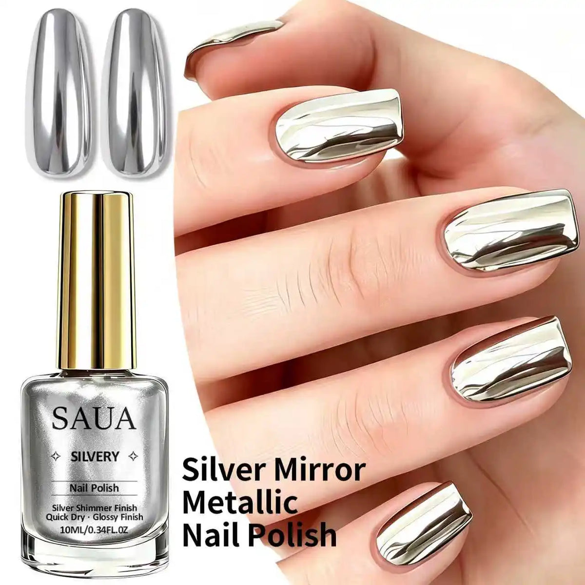 Silver Metallic Nail Polish—Quick-Drying, No UV Lamp Required, Mirror-Like Finish; the Perfect Choice for a Holiday Gift.