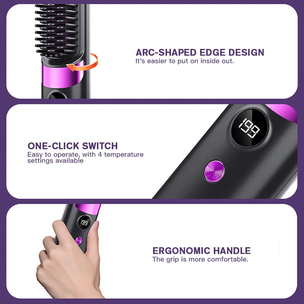 Portable Hair Straightener Cordless Comb with Negative Ion Fast Heating Rechargeable Brush for Straightening and Curling
