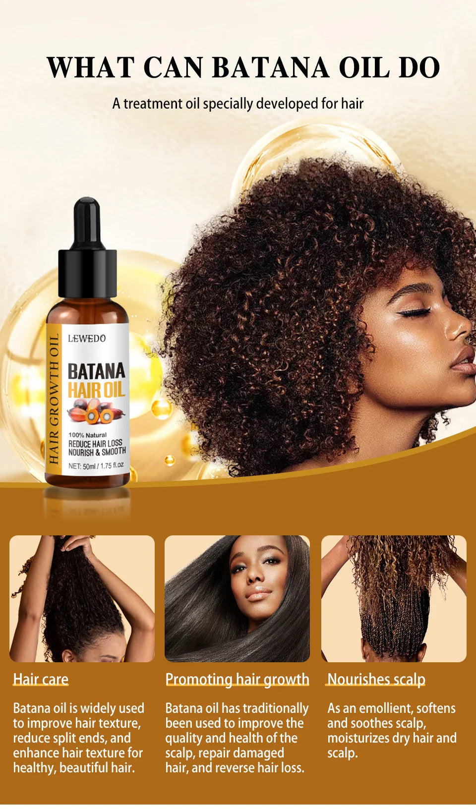 Lewedo Naturals Batana Oil Fast Hair Growth for Men Women Pure Batana Oil Nourish Shiny Hair Healthy Hair Care Anti Hair Loss