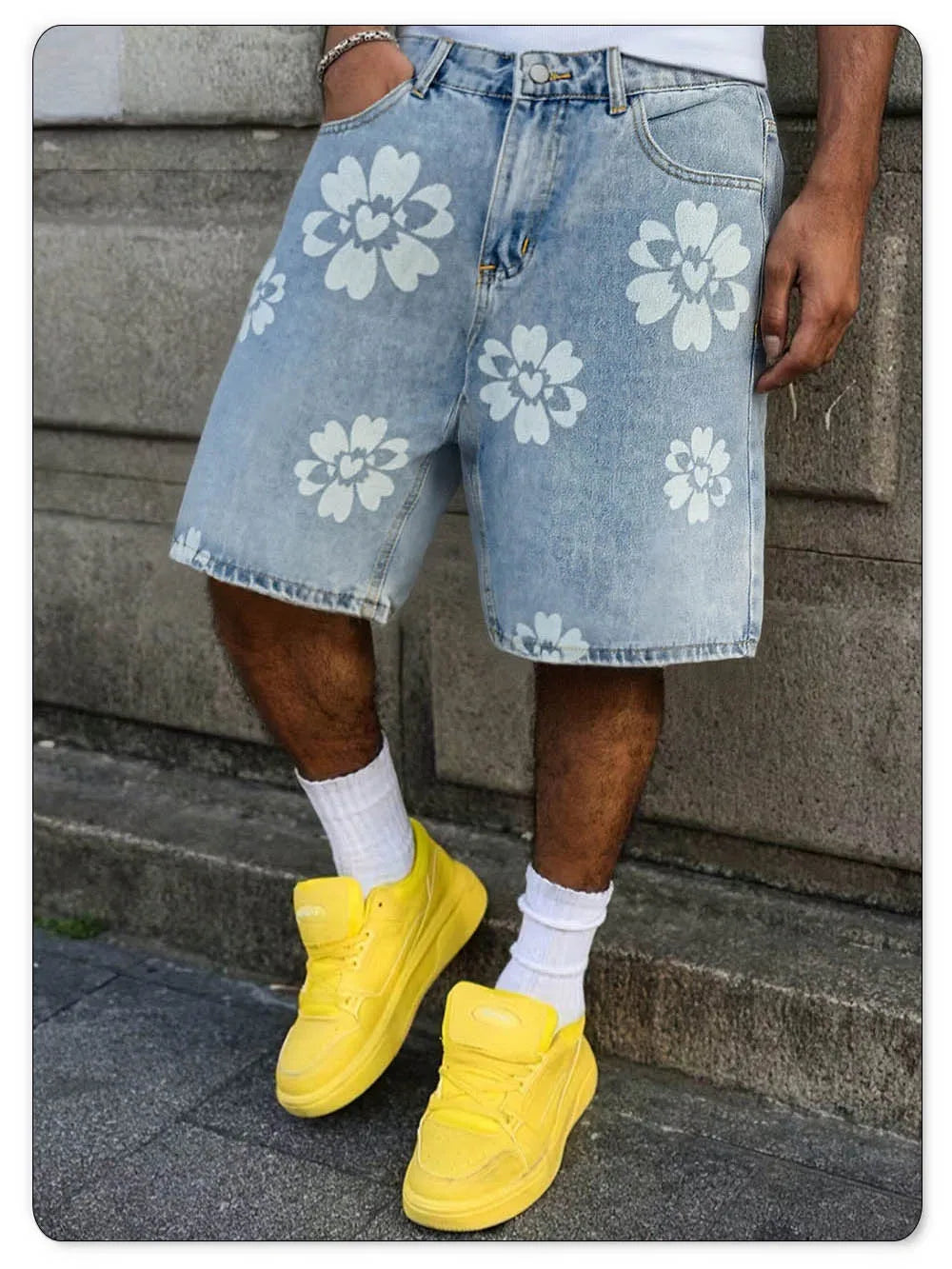 LIYS Fresh Delicate Style Flower Print Fashionable Wide Leg Men's Jeans Y2K Casual Elegant Bermuda Denim Shorts Couple Pants