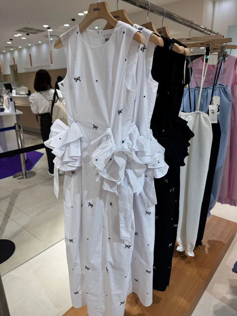 Japanese Sweet Basic Black Sleeveless Long Dress Summer 2025 New Women's Slim Cute Bow Printed Ruffles Casual Fashion Dress
