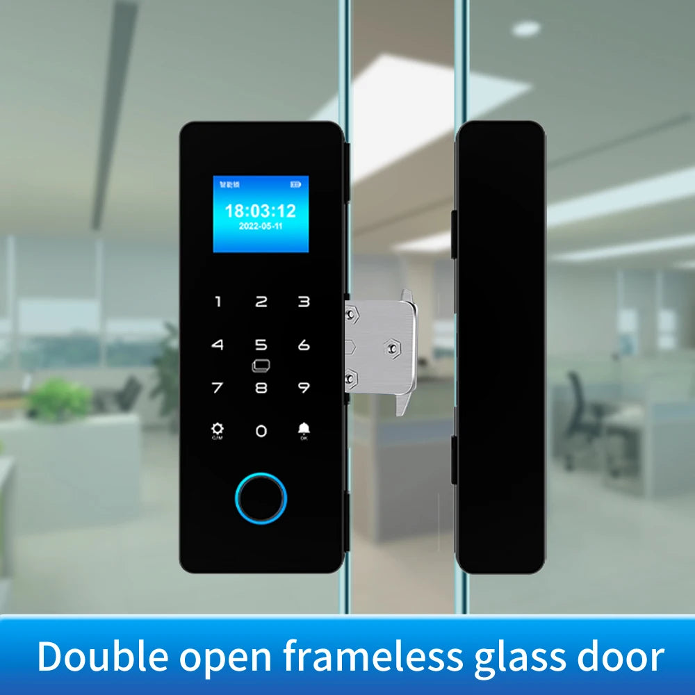 Electronic Digital Lock Fingerprint Glass Door Lock Bluetooth HAHA-Lock App Passcode IC Card Keyless Smart Phone Attendance Lock