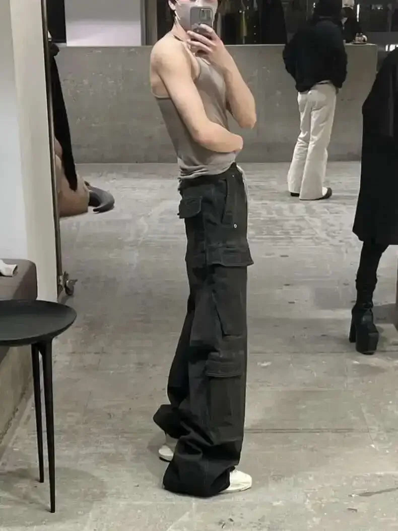 High Street Drawstring Zipper Sliced Wide Leg Cargo Pants Msn's Casual Loose Straight Trousers Loose Denim Pants