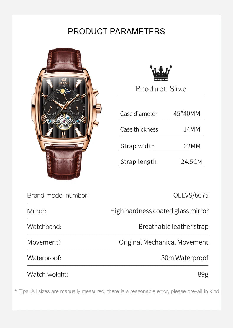 OLEVS 6675 Mens Watch Flywheel Multifunctional Chronograph Mechanical Watch Leather Strap Square Watches For Man High Quality