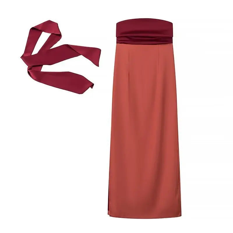 Color Blocking Scarf Collar Suspender Women Maxi Dress Spaghetti Strap High Split Floor Length Evening Dresses Lady Party Robes