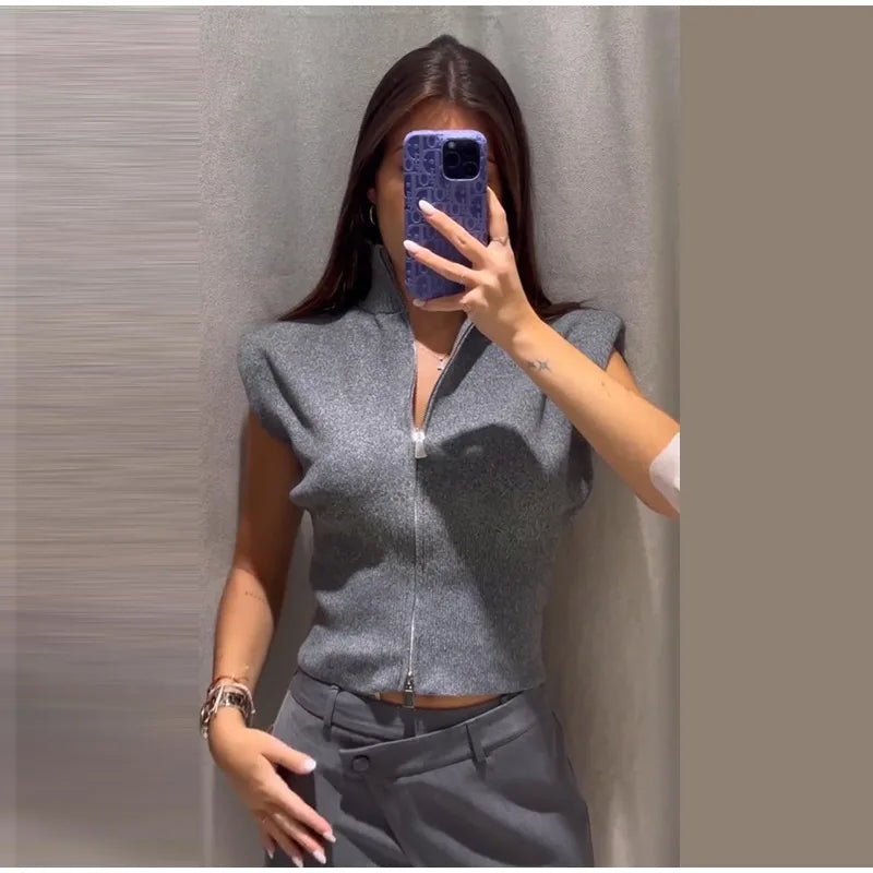 Women's Double Zipper Knit Vest Stand Collar Shoulder Pad Sleeveless Slim Cropped Sweater 2026 Autumn All-match Casual Outfits