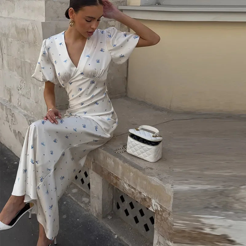 Elegant Print Women Long Dress Fashion V-neck Pleated Flutter Short Sleeve Empire Female Dresses 2026 Summer Chic Female Robe