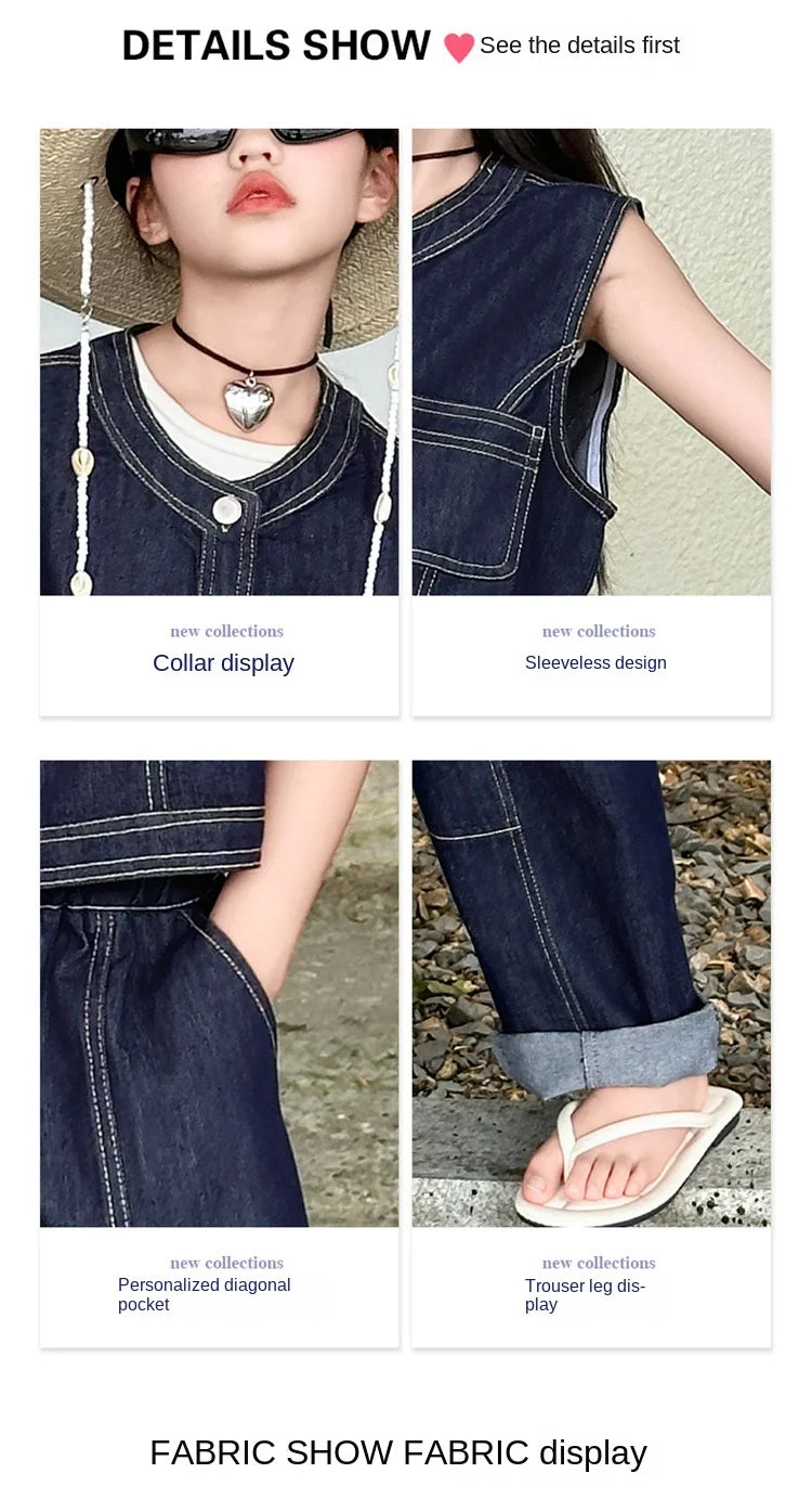 Summer teen Girls Denim Set 2024 Child Sleeveless Cowboy vest+Wide leg pants Two Piece junior kid jeans suit child outfits 10 12