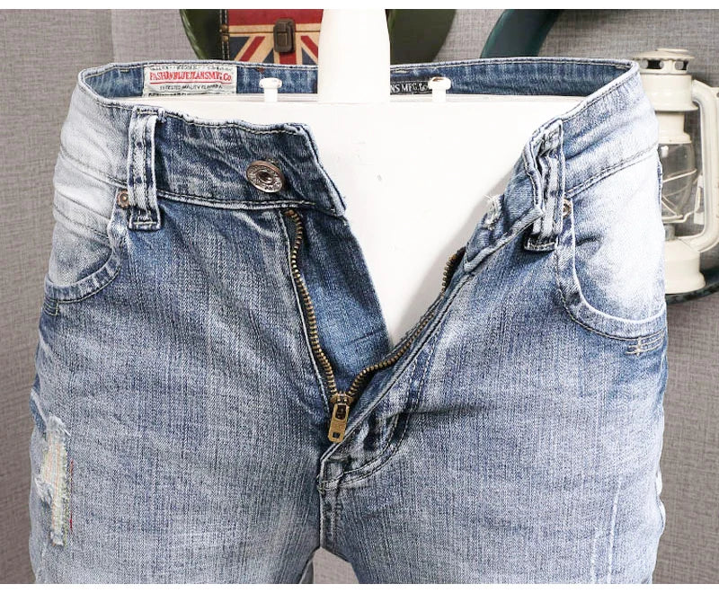 Streetwear Fashion Men Jeans Retro Light Blue Elastic Slim Fit Ripped Jeans Men Embroidery Designer Vintage Casual Denim Pants