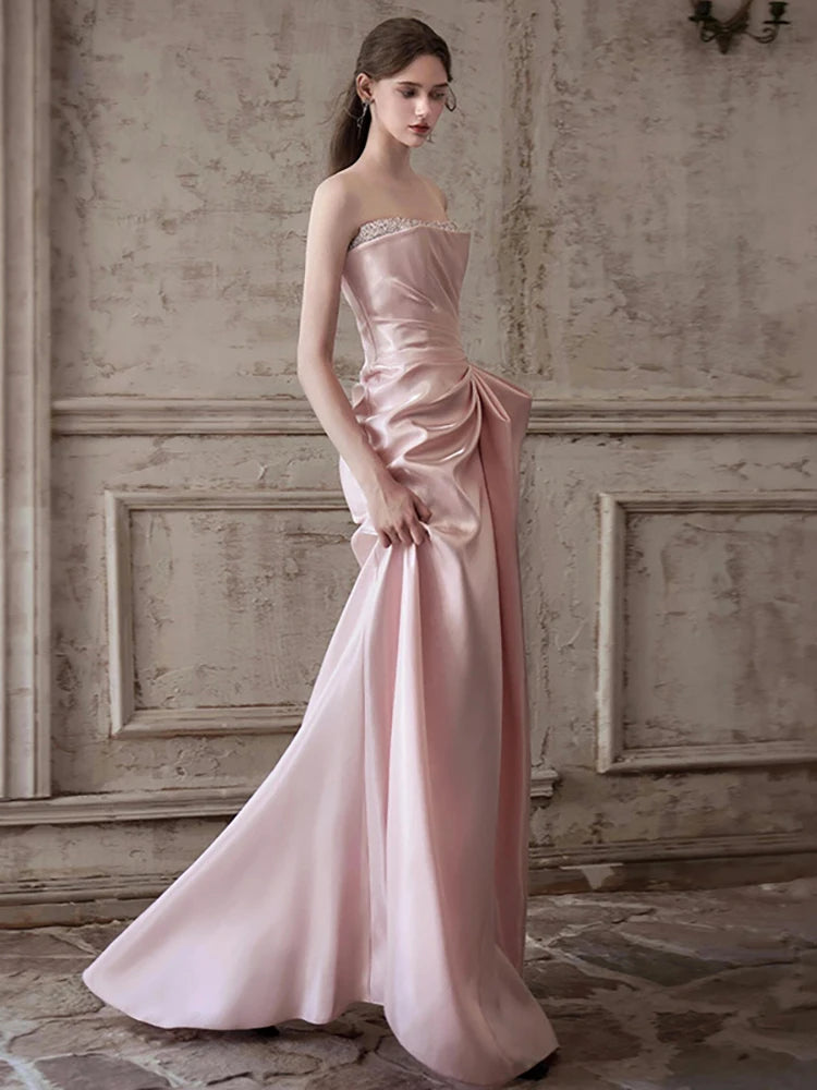 DEAT Fashion Pink Patchwork Sequined Strapless Dress Women's Slim Fit Waist Contraction Flods Floor-length Dresses New  7A2987