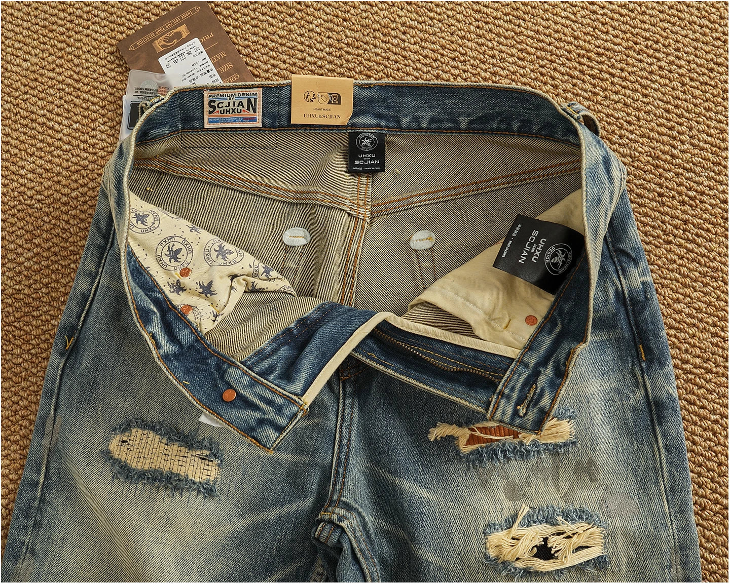 2025 Autumn New American Retro Heavyweight Ripped Denim Men's Fashion 100% Cotton Washed Old Straight Tapered Casual Jeans