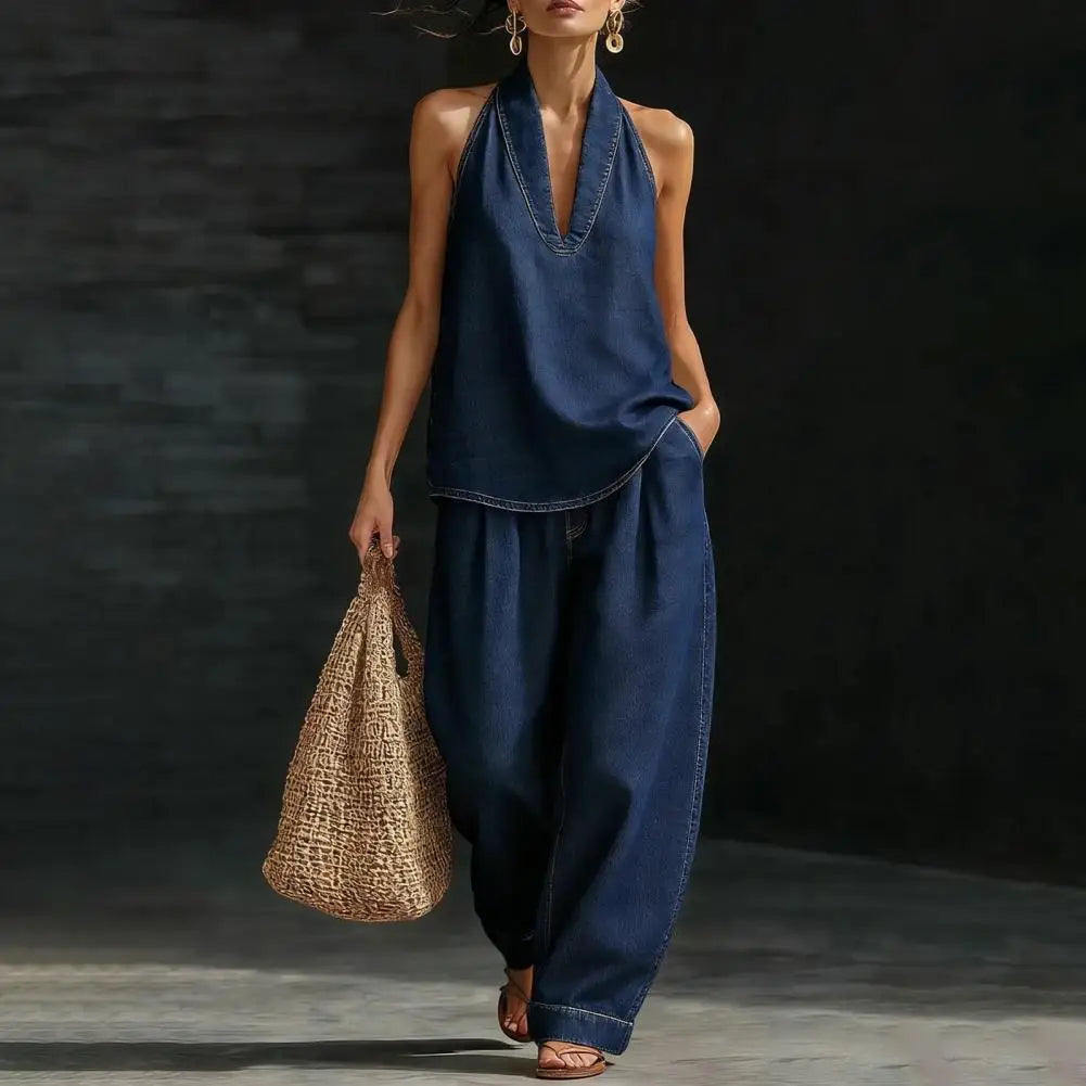 Women Denim Vest Pants Set Summer Vintage Washed Denim Sleeveless Hanging Neck V-neck tank top Straight Leg Pants OL Commuting