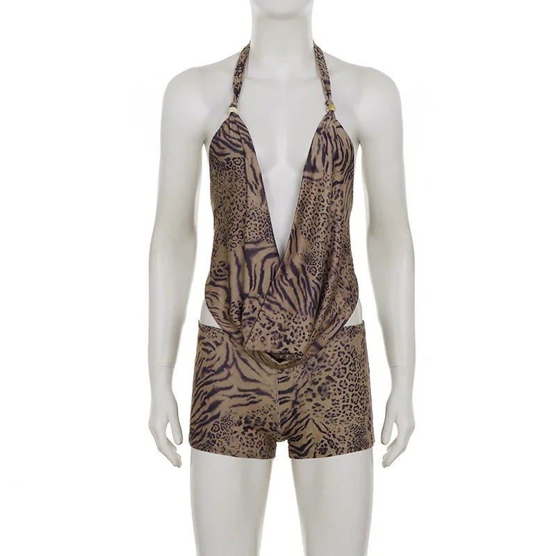 Sexy Leopard Print Deep V Swing Neck Lace-Up Sling Shorts 2-Piece Outfit for Women