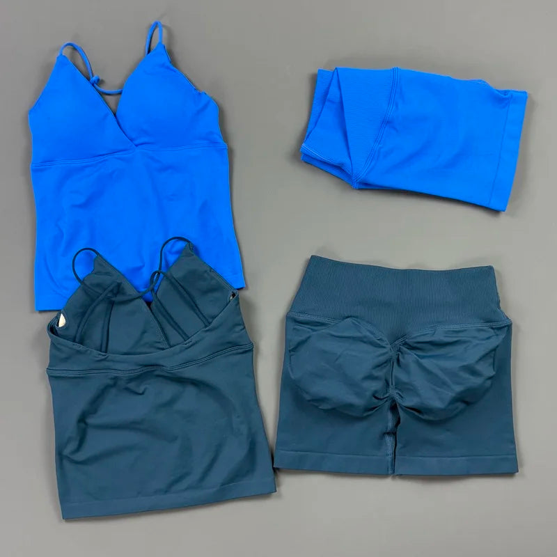 2Pcs Workout Shorts Set Women Cross Waist Scrunch Butt Shorts Tummy Control Racerback Tank Top Running Fitness Two Piece Suit